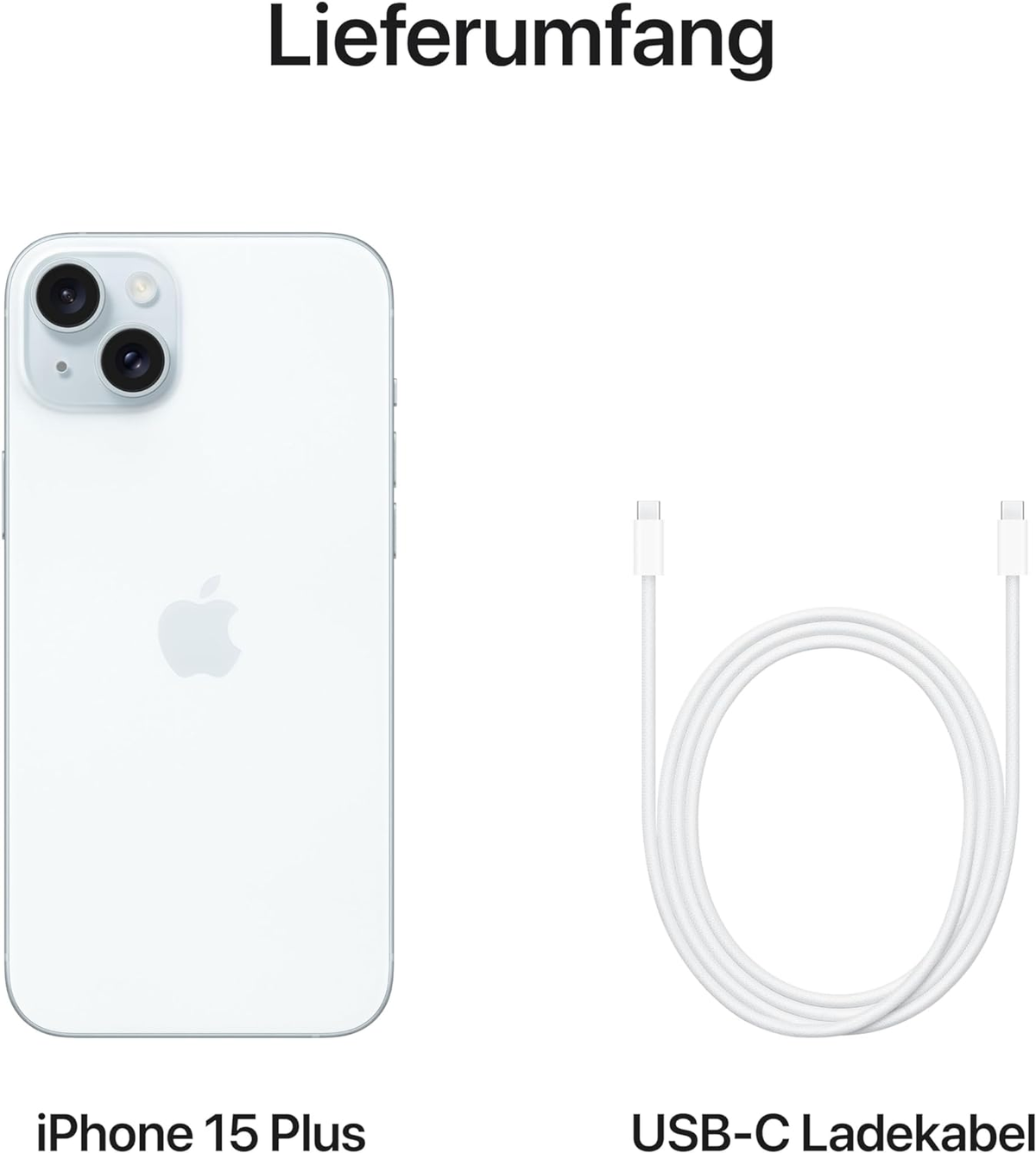 Biały iPhone i biały kabel USB-C. Tekst: iPhone 15 Plus. Kabel ładujący USB-C.