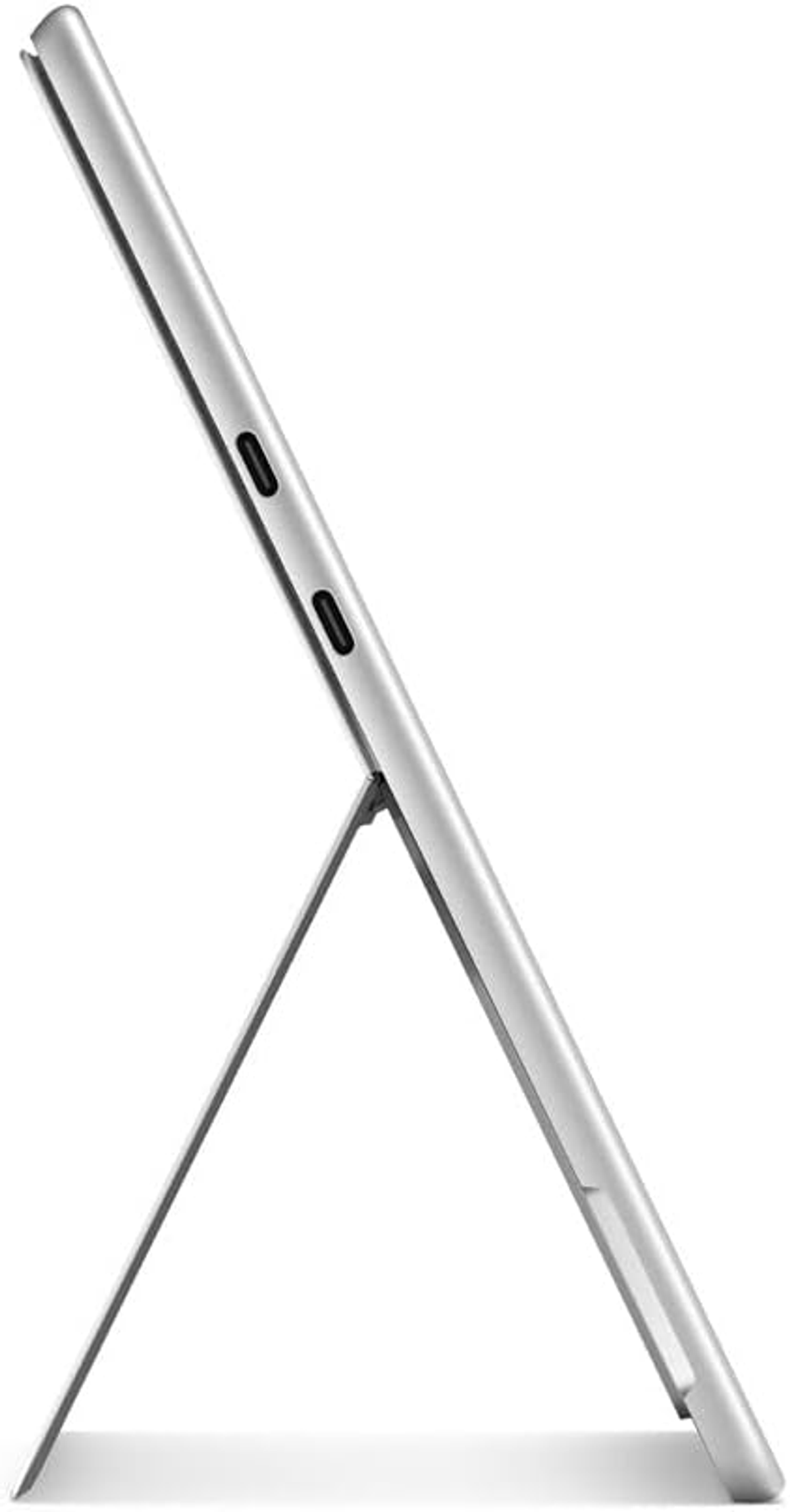 Tablet argento, aperto su un supporto. Due pulsanti neri visibili sul lato.