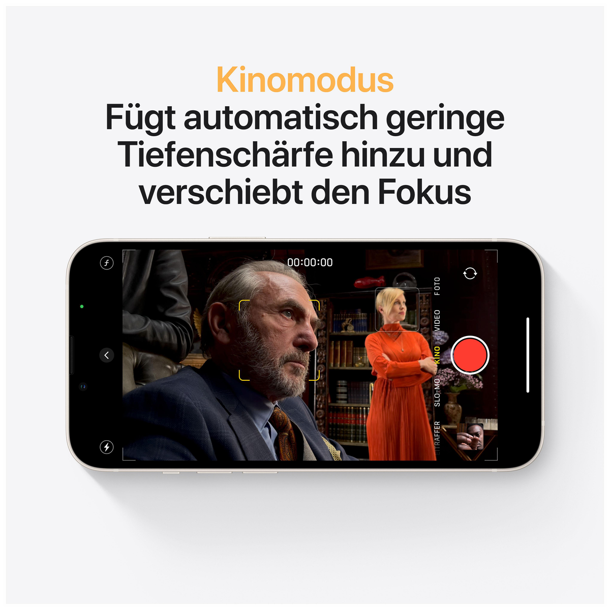Smartfon pokazuje scenę filmową. Tekst: Kinomodus, dodaje głębię i zmienia ostrość.