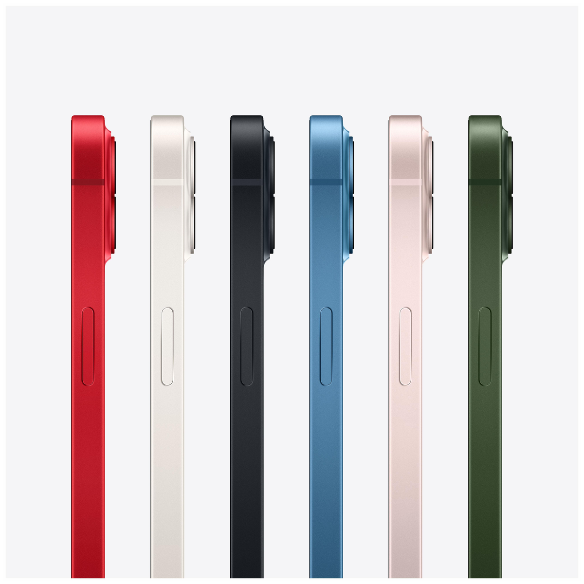 Sześć kolorowych telefonów obok siebie, w kolorze czerwonym, białym, czarnym, niebieskim, różowym i zielonym. Białe tło.