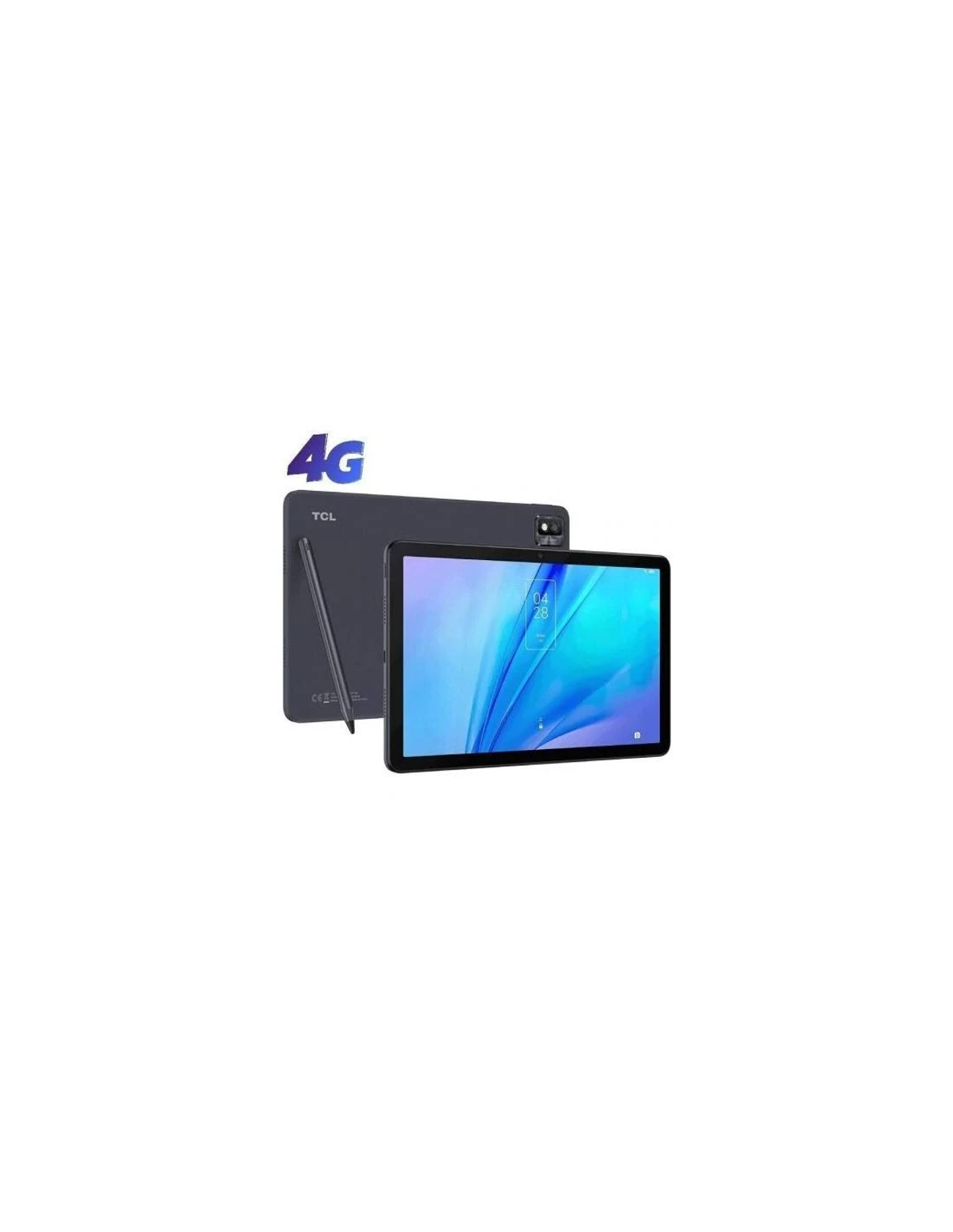 Dunkles Tablet mit Stift, 4G-Logo, auf weißem Hintergrund.