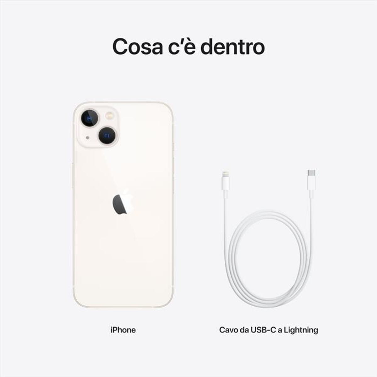 iPhone i kabel ładujący na białym tle. Tekst brzmi "Co jest w środku" po włosku. Prosta konfiguracja.