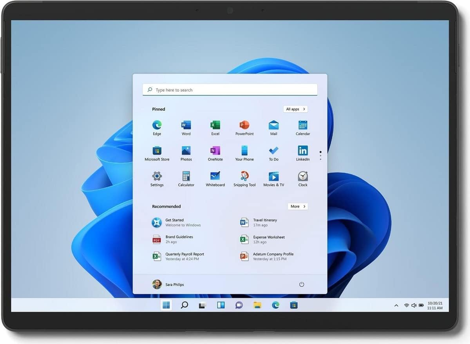 Ein schwarzes Tablet, das den Windows 11-Startbildschirm mit App-Symbolen zeigt.