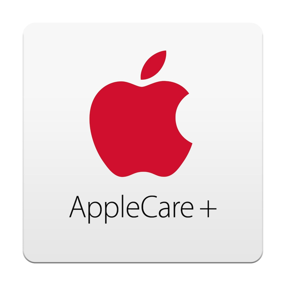 Logo AppleCare+ z czerwonym jabłkiem i słowami AppleCare+ na białym kwadratowym tle.