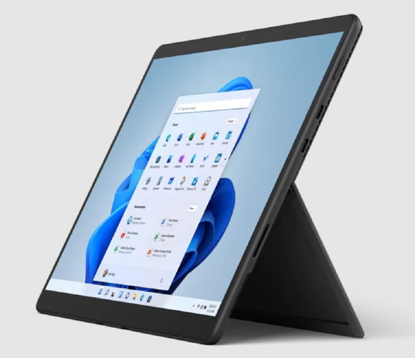 Schwarzes Tablet mit Windows 11-Oberfläche. Das Tablet steht auf einem schwarzen Ständer.