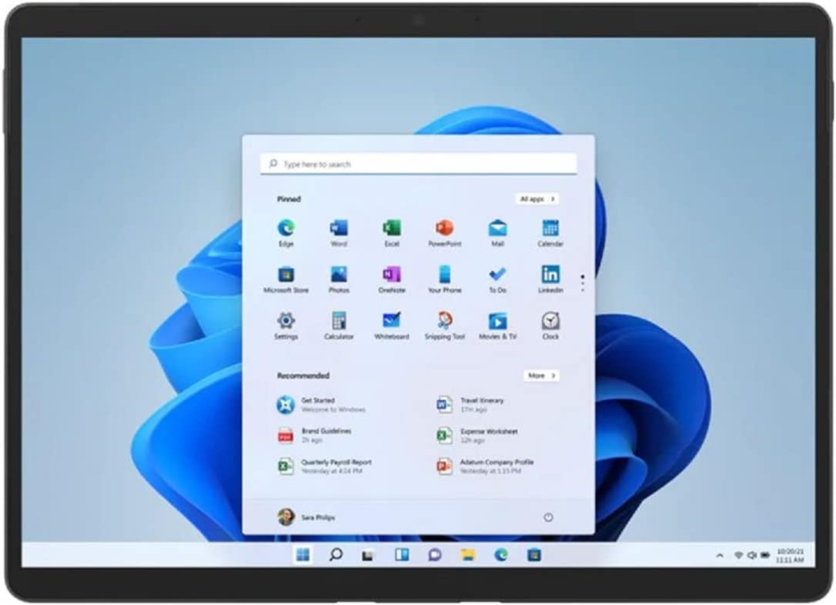 Ein schwarzes Tablet, das die Windows 11-Oberfläche zeigt, mit App-Symbolen und einer Suchleiste auf blauem Hintergrund.