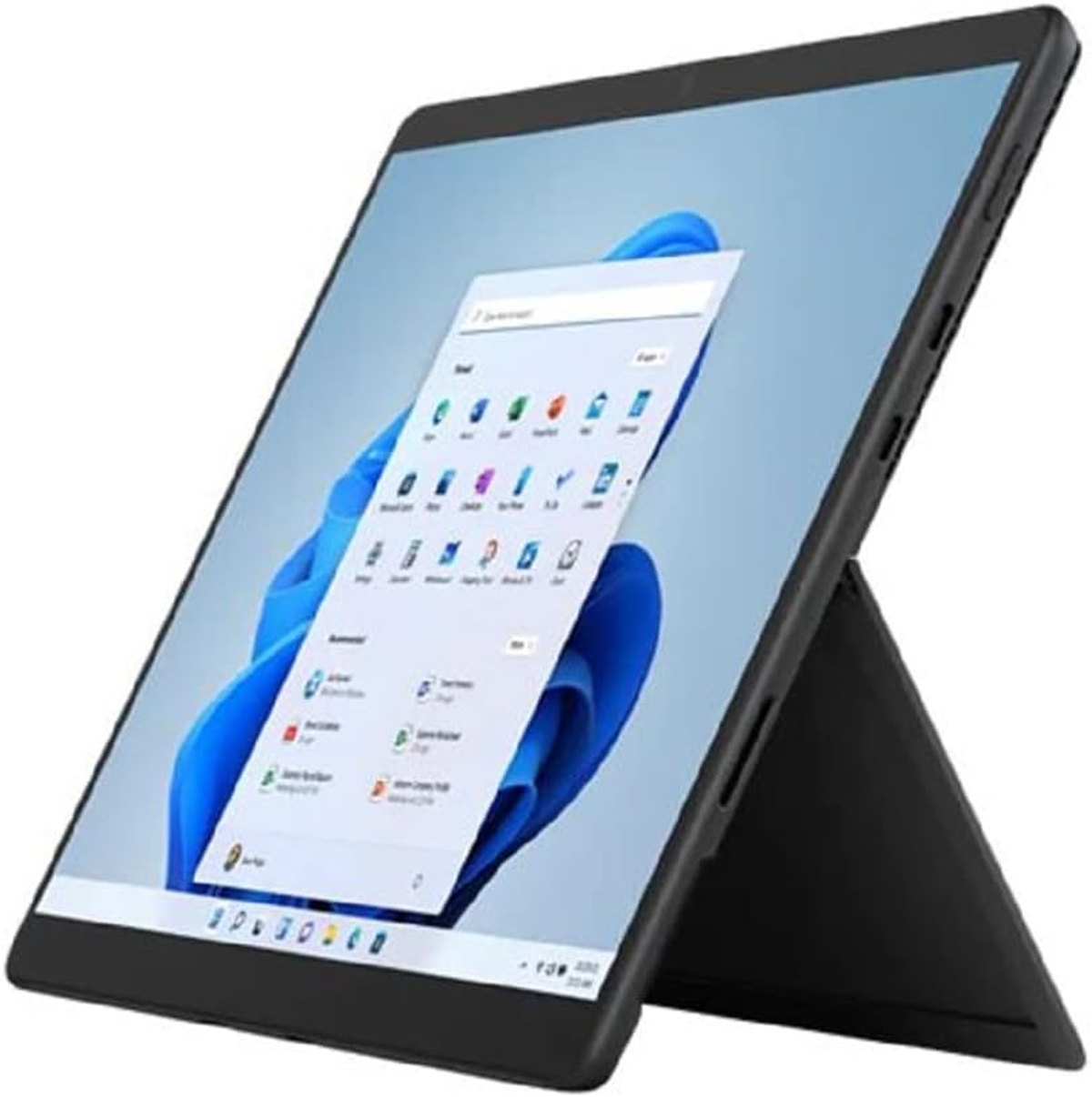 Ein schwarzes Tablet zeigt eine Windows-Oberfläche mit Symbolen auf einem Ständer.