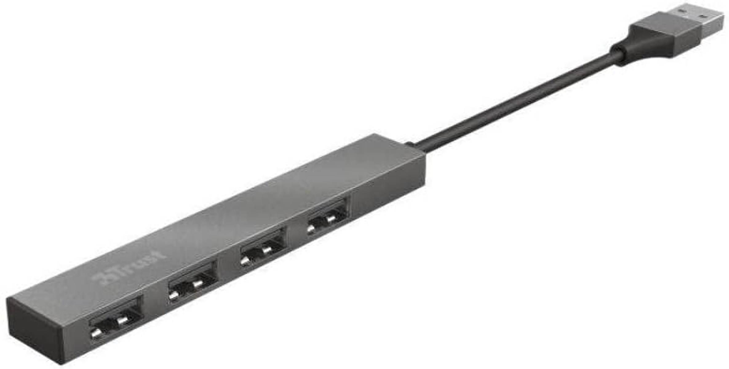 Srebrny hub USB z czterema portami i czarnym kablem, spoczywający na powierzchni.