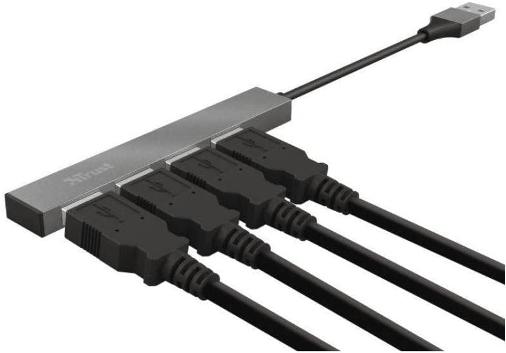 Hub USB z czterema portami USB. Czarne kable i złącza.