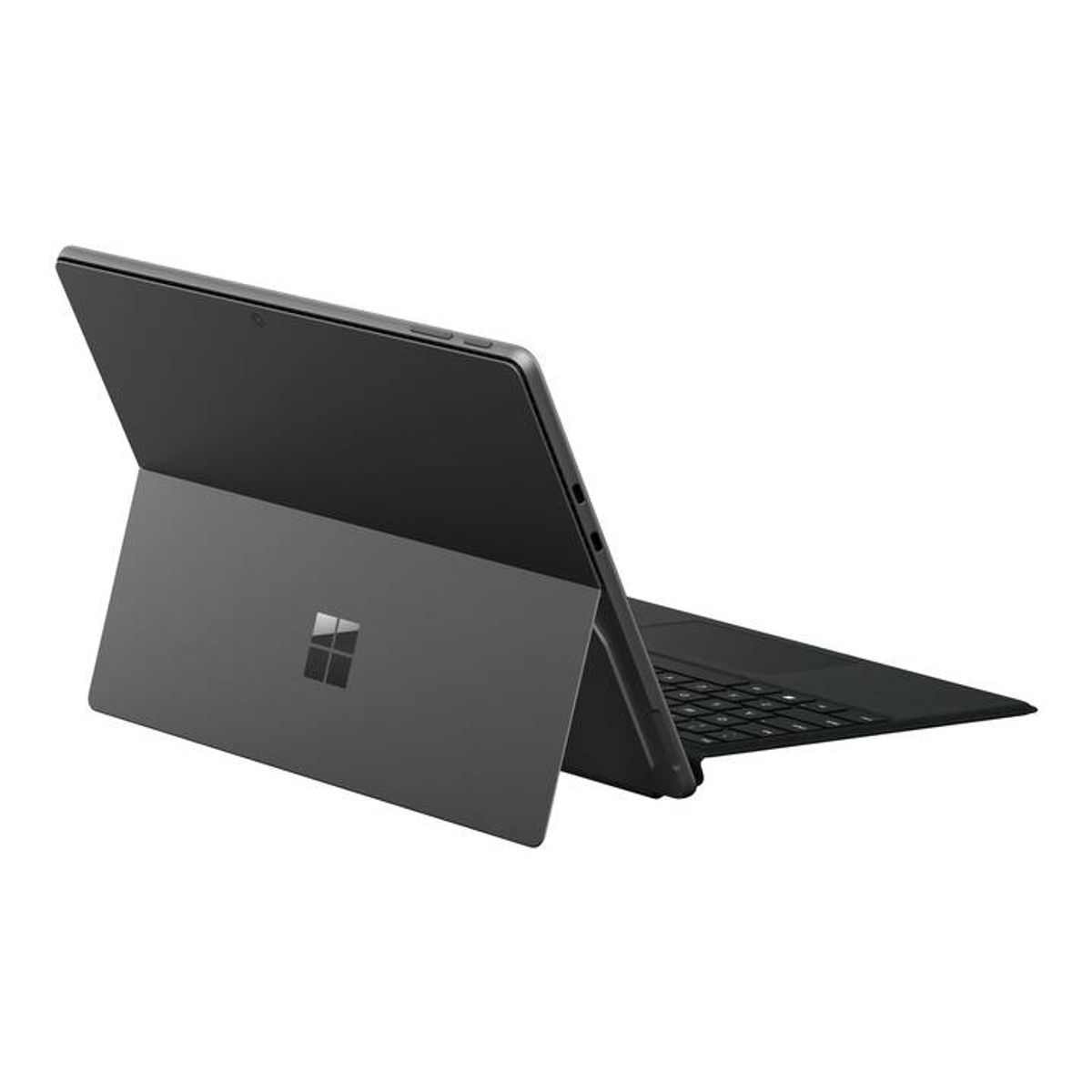 Un laptop grigio scuro aperto, con lo schermo inclinato verso l'alto, che mostra il retro.
