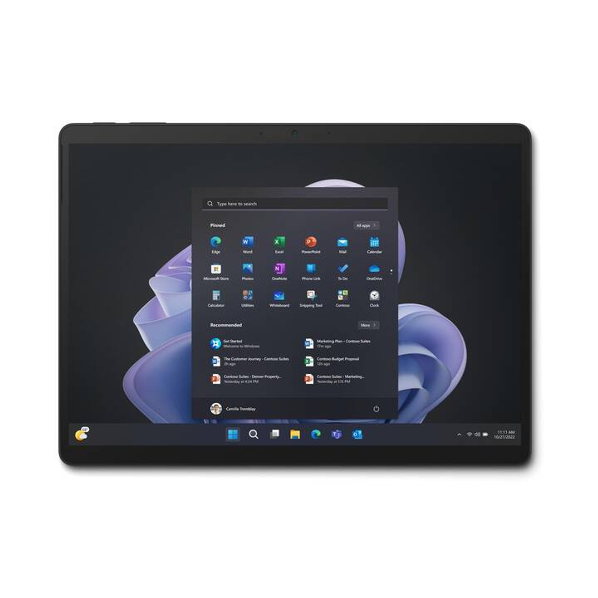 Tablet che mostra un'interfaccia Windows con icone di app, app bloccate e consigliate.