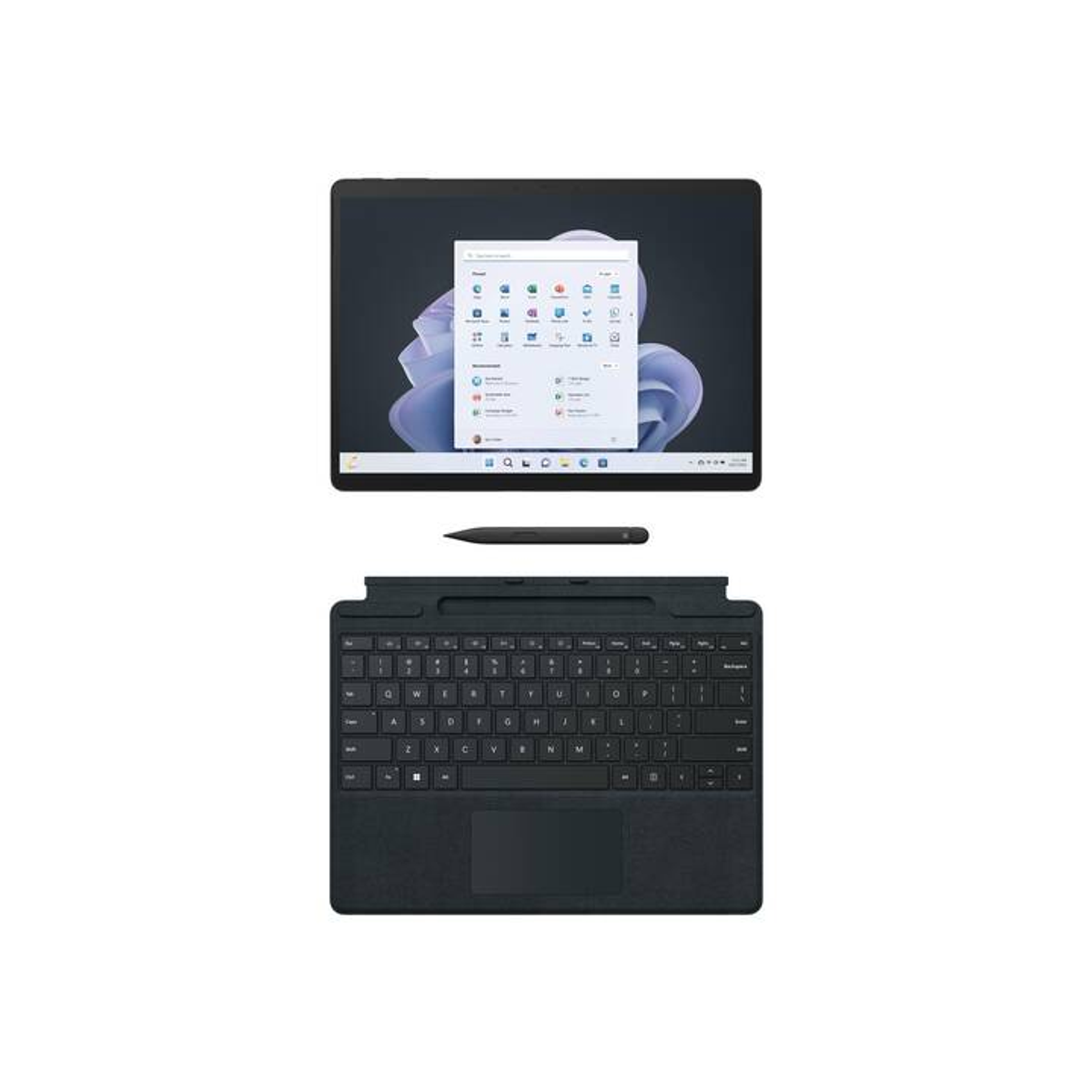 Un tablet nero, tastiera e penna su sfondo bianco, il tablet mostra uno schermo.