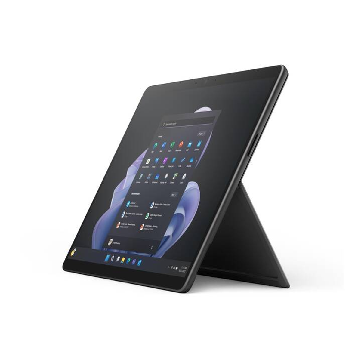 Un tablet nero mostra un'interfaccia Windows, appoggiato.