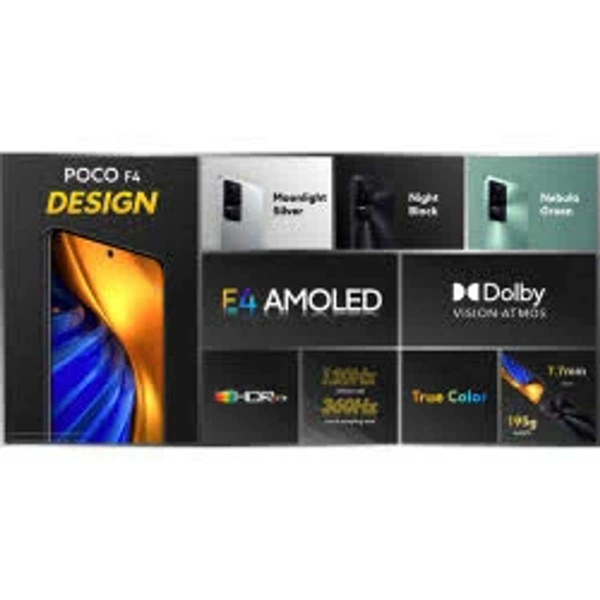 Dettagli del telefono Poco F4. Design, argento chiaro di luna, nero notte, verde nebula, E4 AMOLED, Dolby, ecc.
