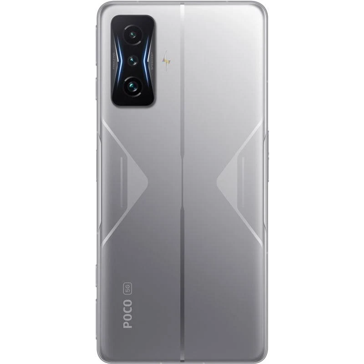 Telefono Poco argento con 5G e dettagli fotocamera.