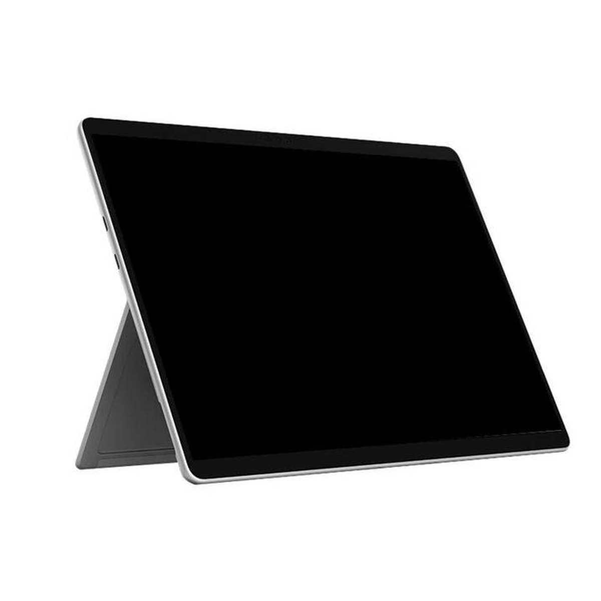 Ein schwarzes Tablet auf einem Ständer ist zum Betrachter geneigt, mit leerem Bildschirm.