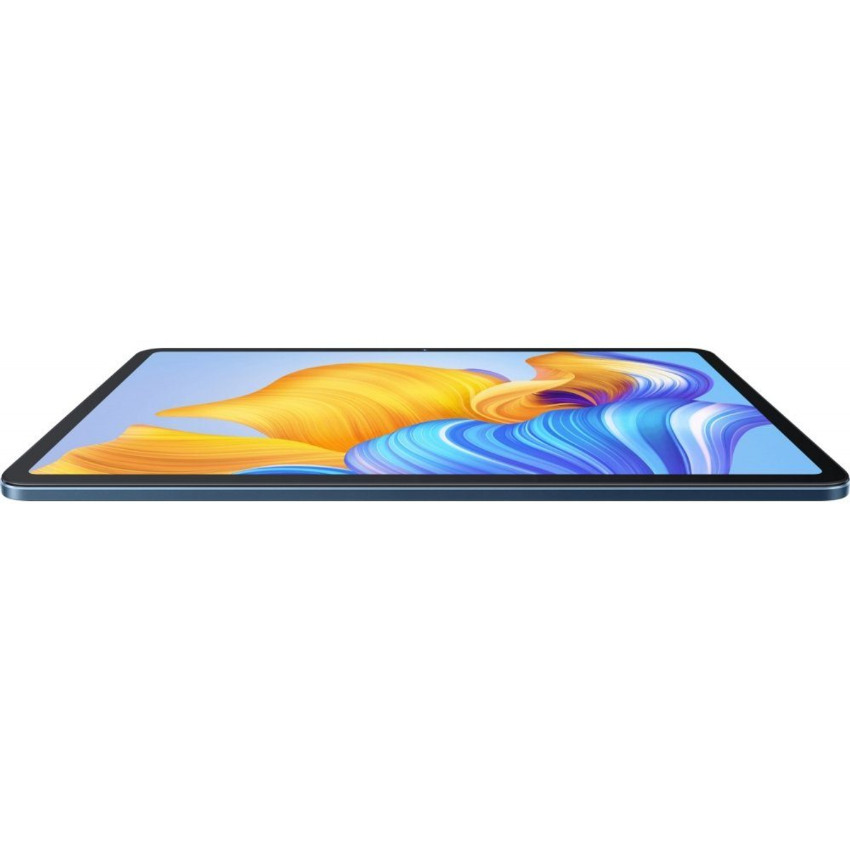Tablet auf weißer Oberfläche. Zeigt blaue und gelbe abstrakte Formen.