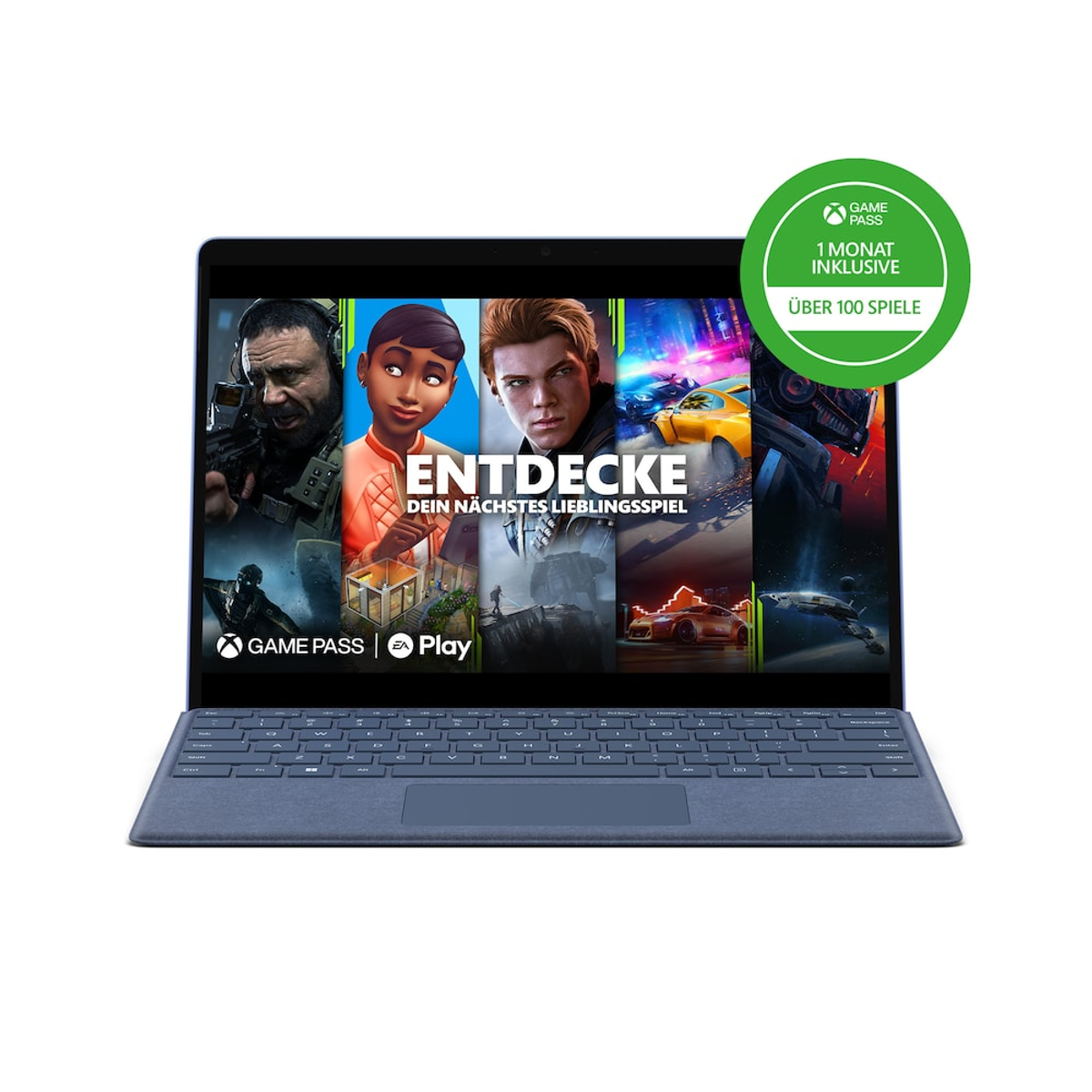 Blauer Laptop mit Spielauswahl auf dem Bildschirm, mit grünem Game Pass Aufkleber.