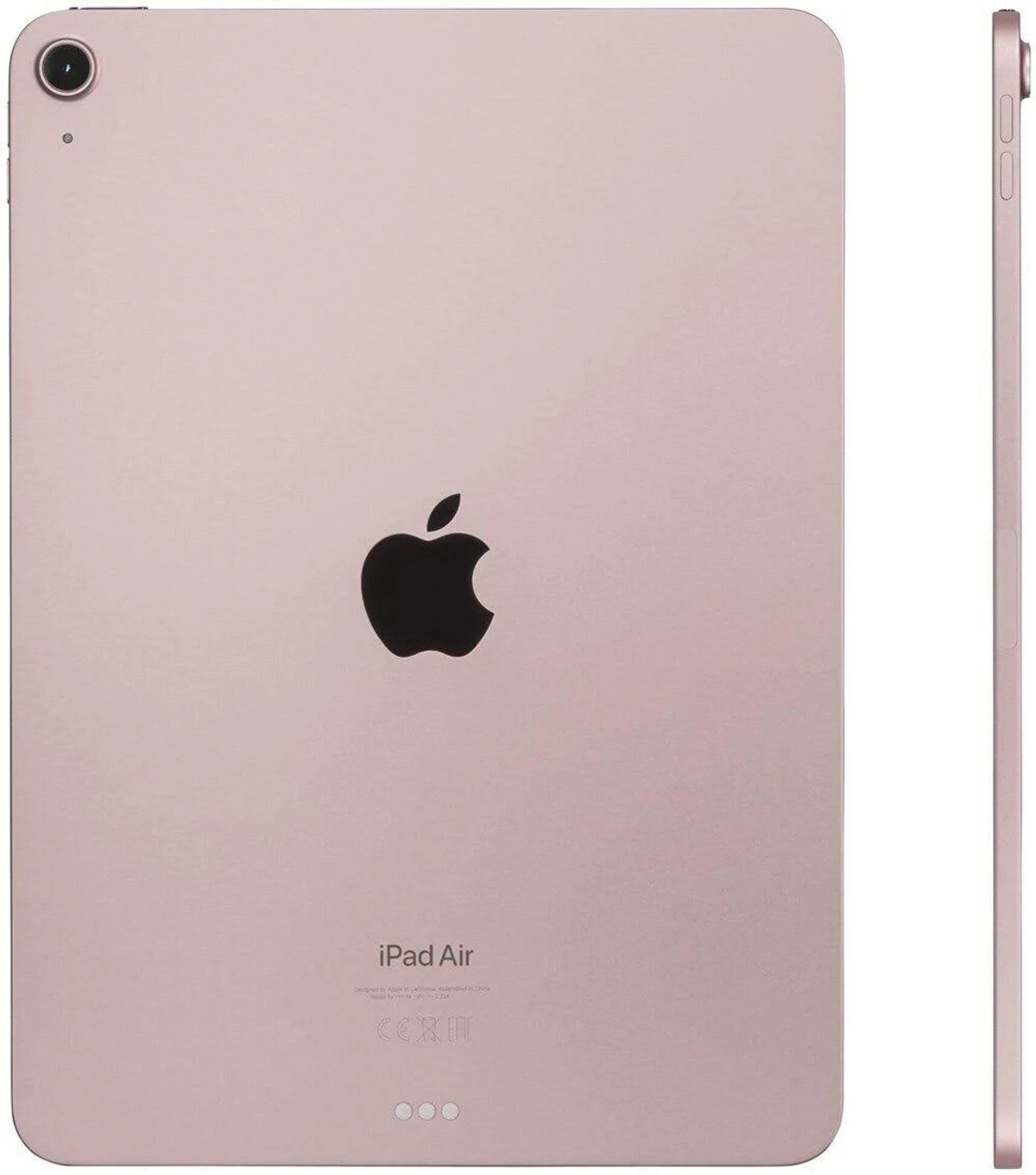 Roségoldenes iPad Air. Rückansicht mit Apple-Logo und Seitenansicht mit schlankem Profil.