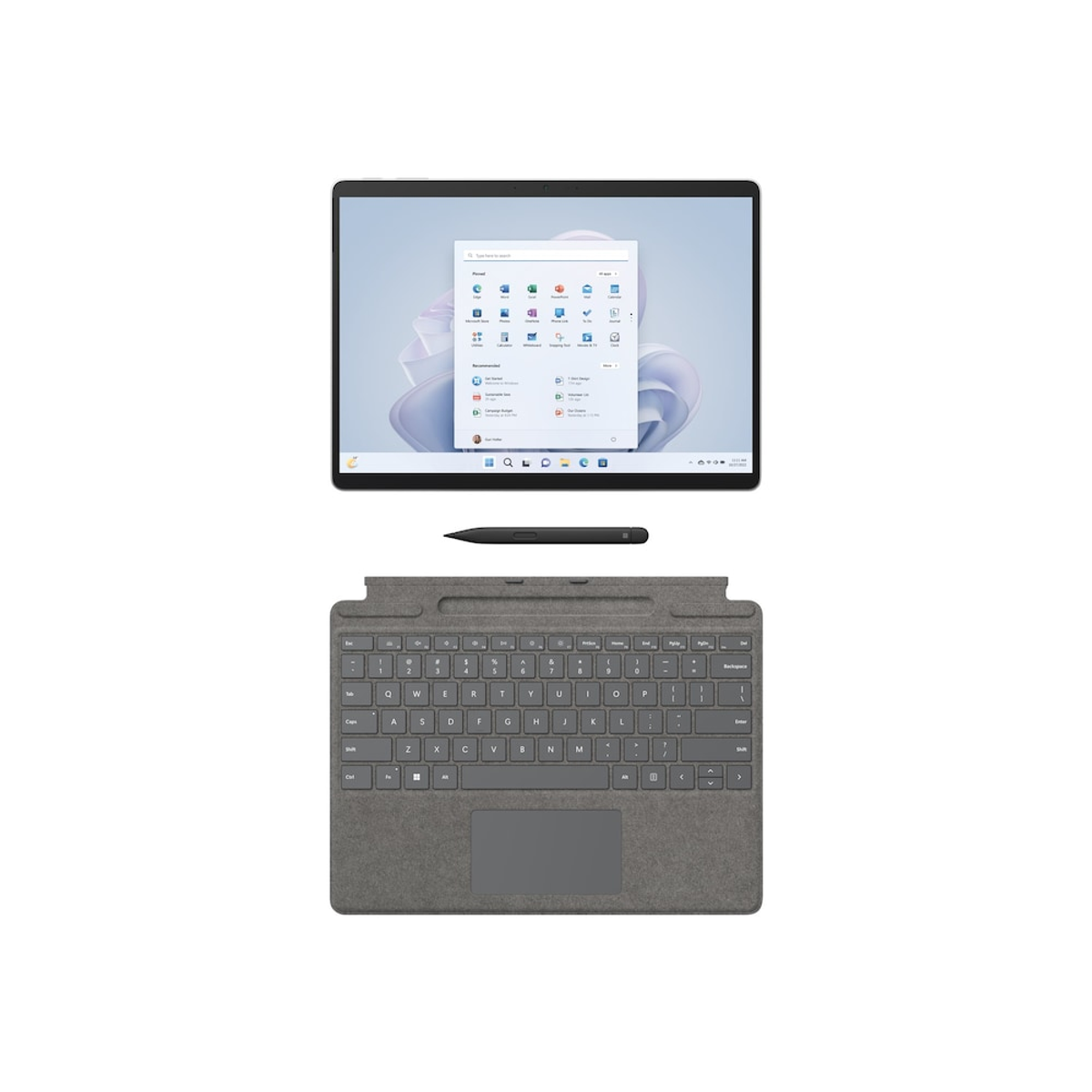 Tablet mit Tastatur, Stift und Windows 11 Oberfläche auf dem Bildschirm. Alles auf weißem Hintergrund.