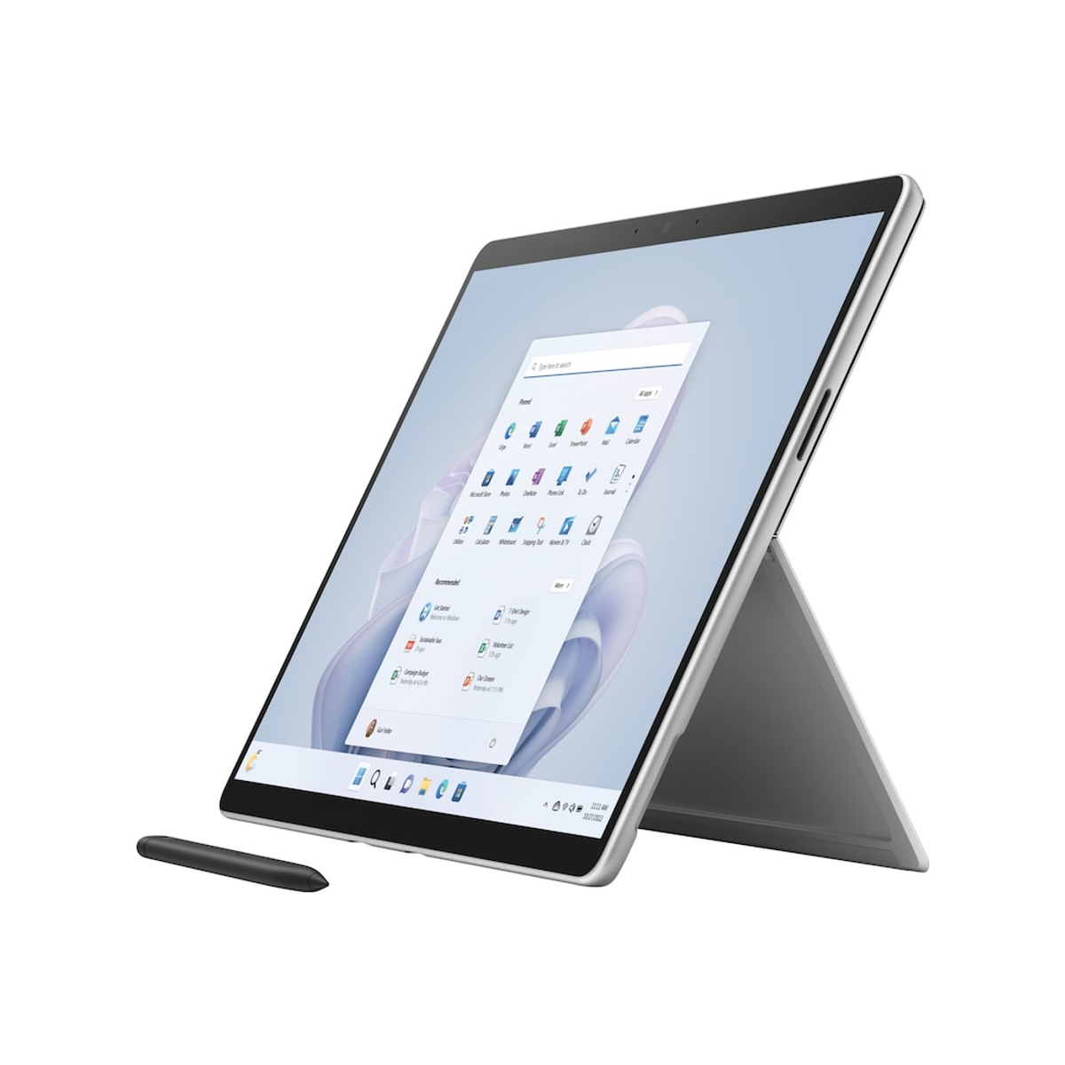 Ein silbernes Tablet mit Bildschirm, der eine Windows-Oberfläche zeigt. Ein Stift liegt daneben.