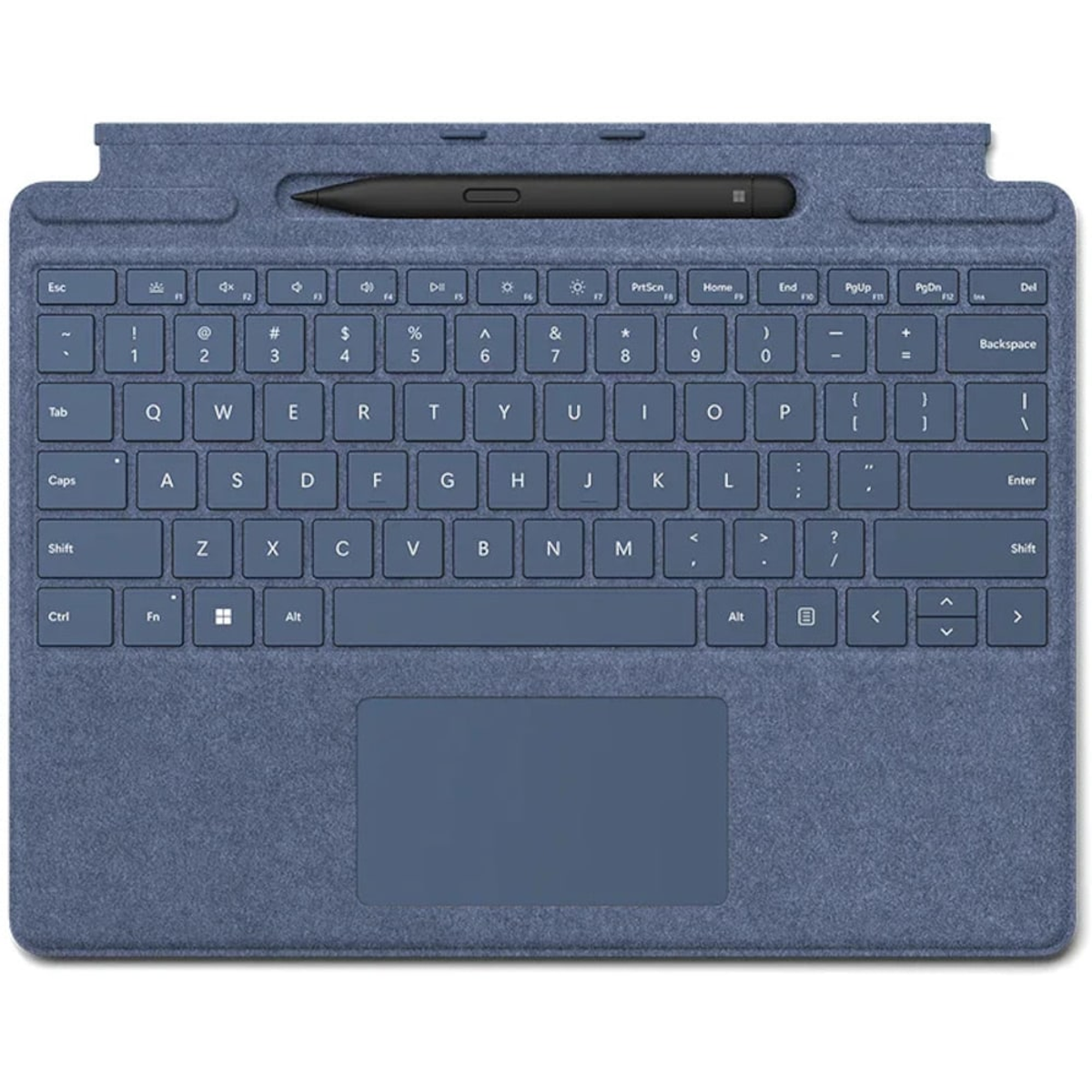 Blaue Tastaturabdeckung mit Trackpad und Stift für ein Tablet auf weißer Oberfläche.
