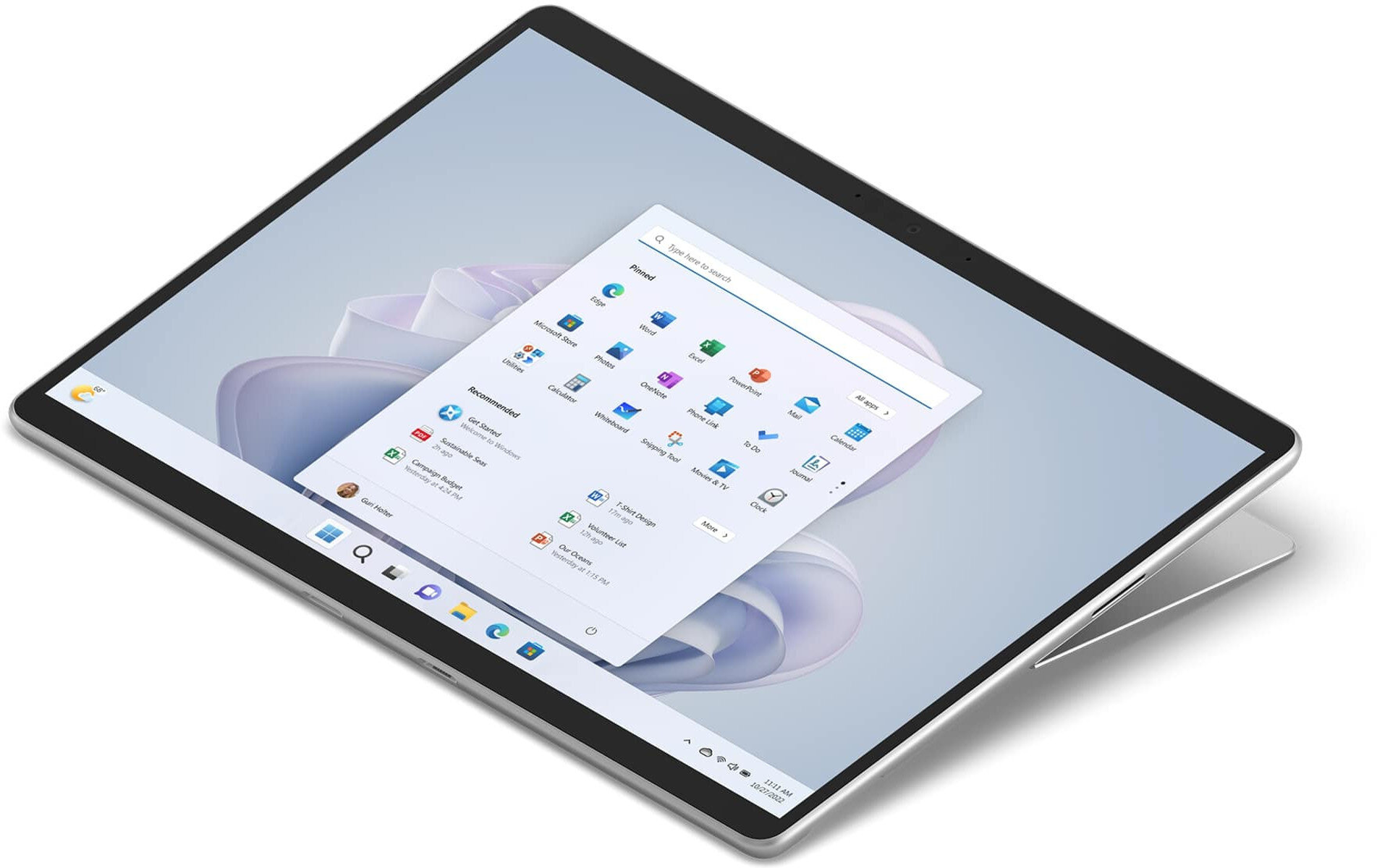 Ein Tablet auf weißer Oberfläche, das ein Startmenü mit App-Symbolen anzeigt. Ein weißer Ständer ist sichtbar.