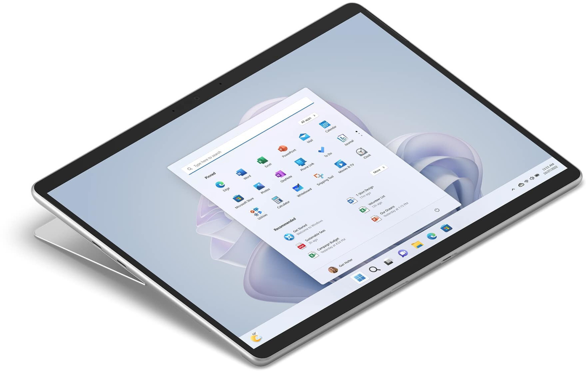 Ein Tablet, das eine Windows-Oberfläche mit App-Symbolen zeigt. Es hat einen Ständer. Der Bildschirm ist angewinkelt.