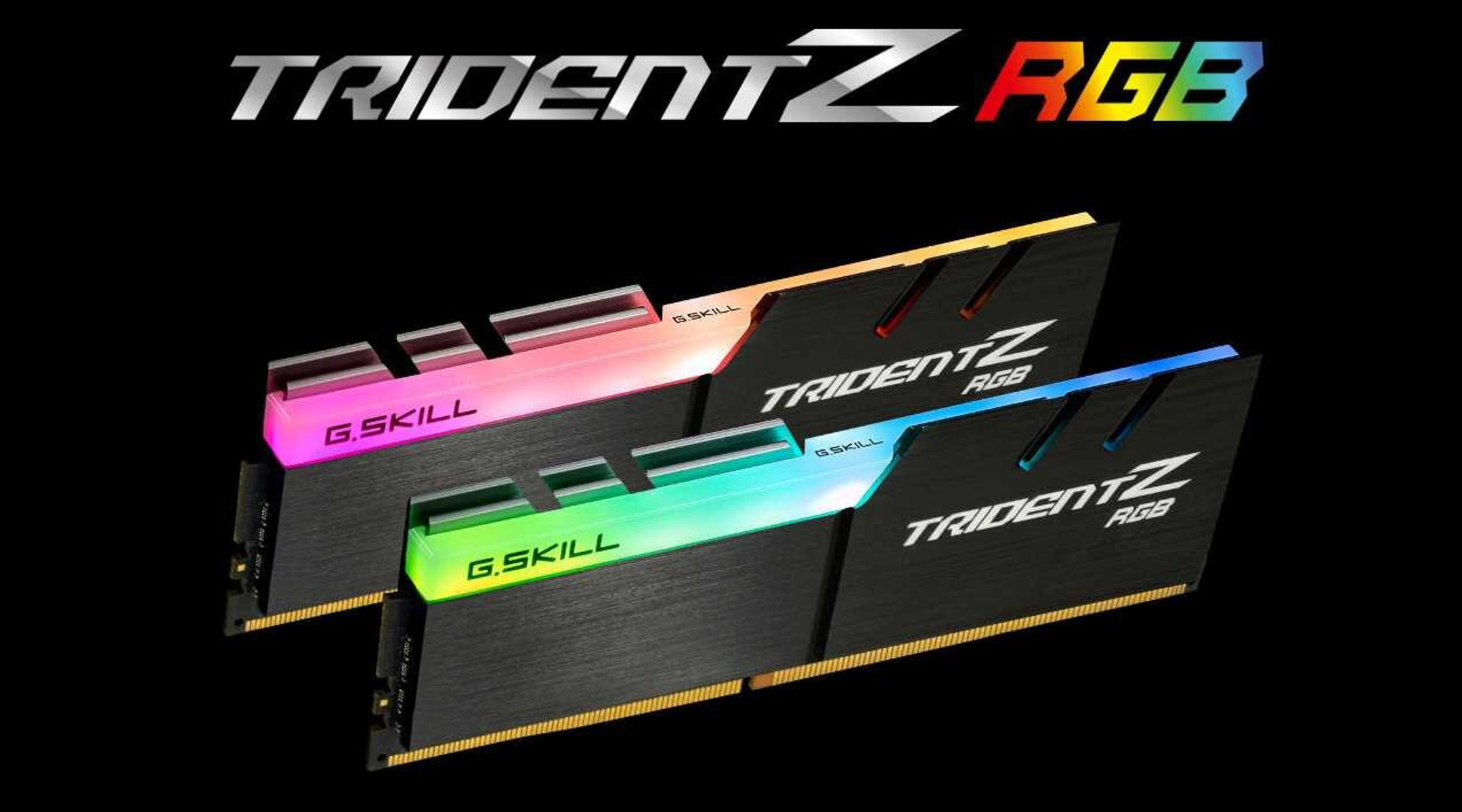 Dwa moduły pamięci RAM z podświetleniem RGB, nazwa marki to Trident Z RGB.