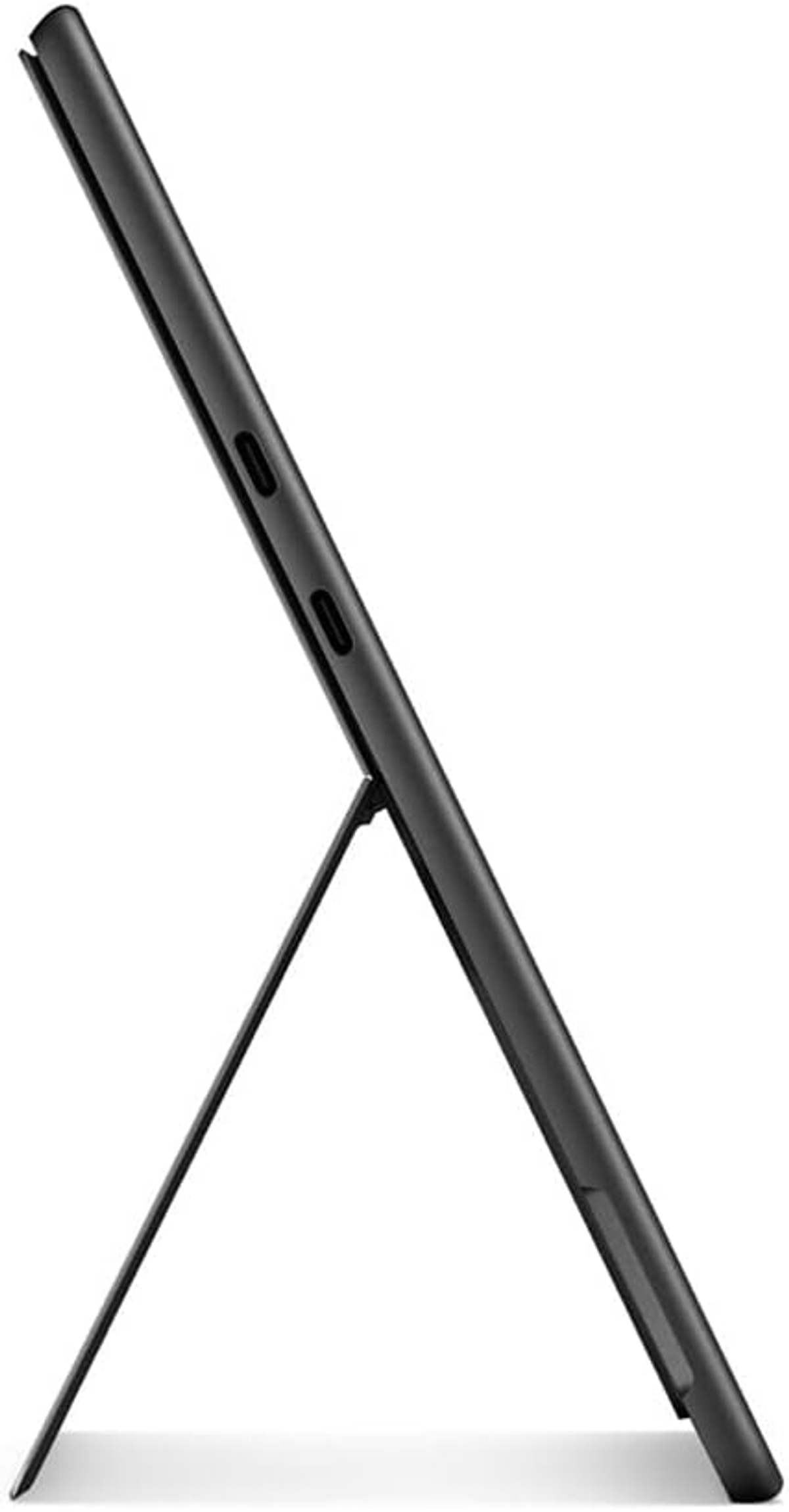 Un tablet nero con un supporto. È angolato e ha due porte sul lato. Sfondo bianco.