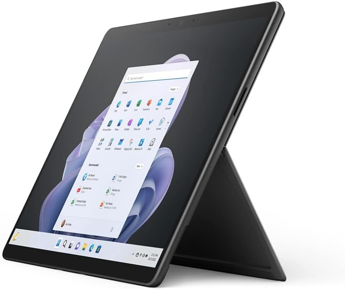 Tablet nero su superficie bianca, schermo mostra l'interfaccia di Windows 9, con supporto.