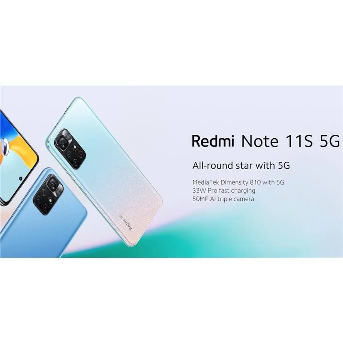 Trzy telefony, Redmi Note 11S 5G. Dwa telefony są niebieskie, jeden biały. Nakładki tekstowe pokazują funkcje.