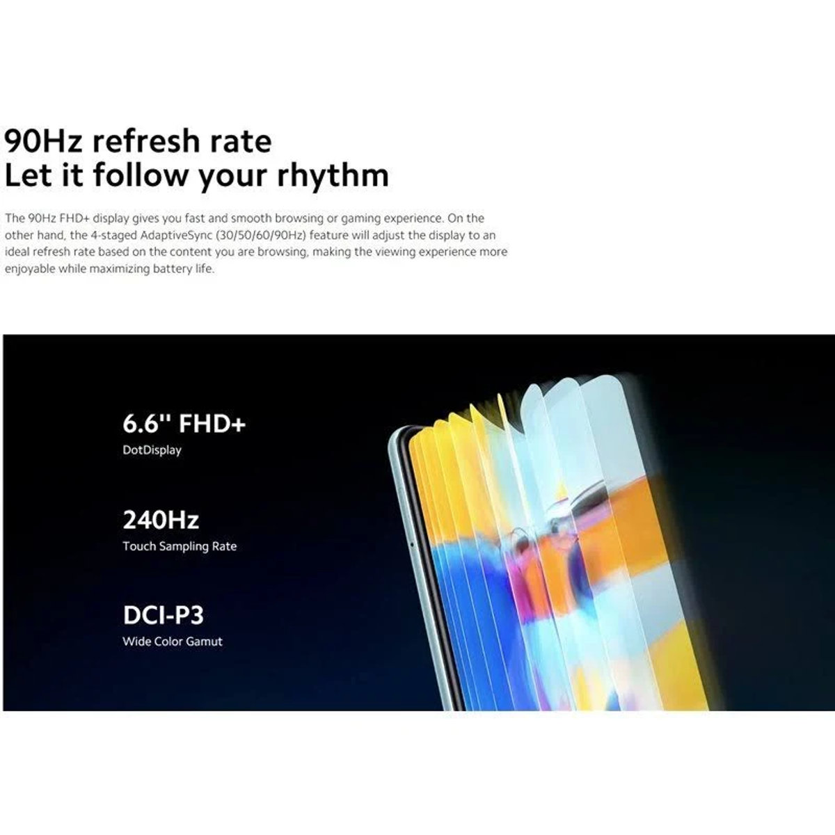 Grafika informacyjna z tekstem opisującym częstotliwość odświeżania 90 Hz i specyfikacje ekranu.