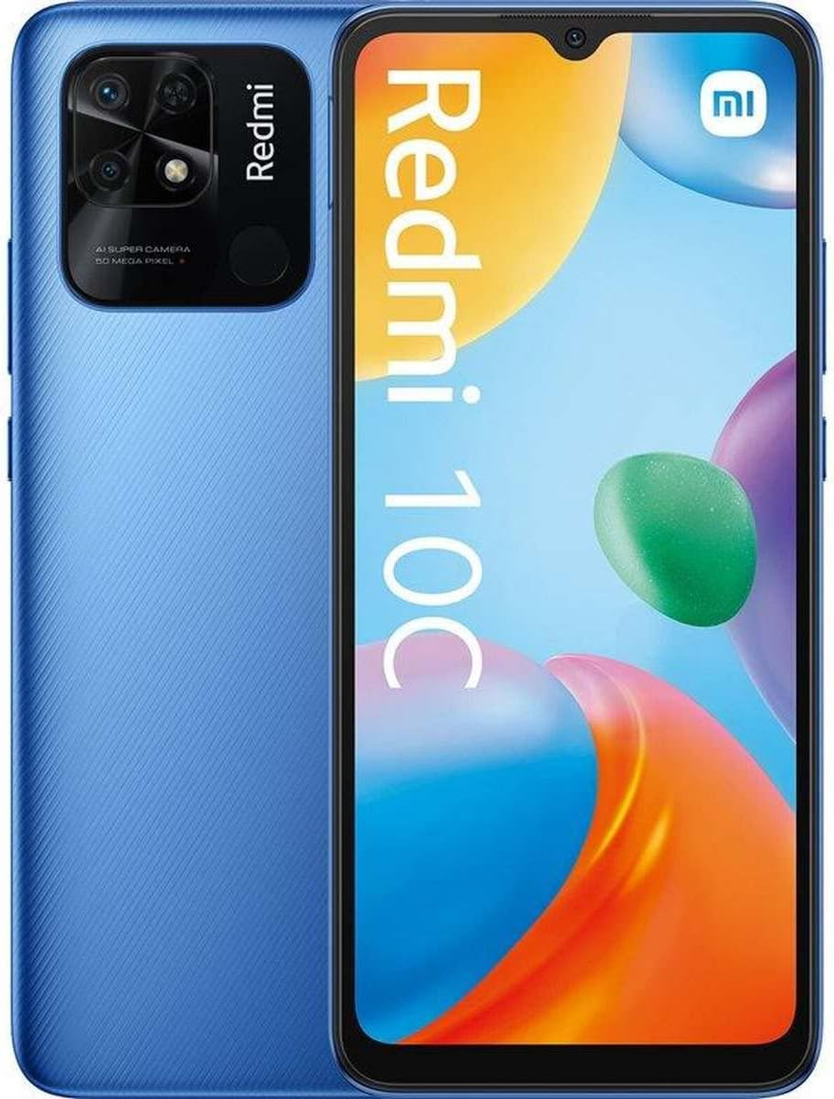Ein blaues Redmi 10C Telefon. Das Telefon befindet sich auf weißem Hintergrund. Es hat drei Kameras.