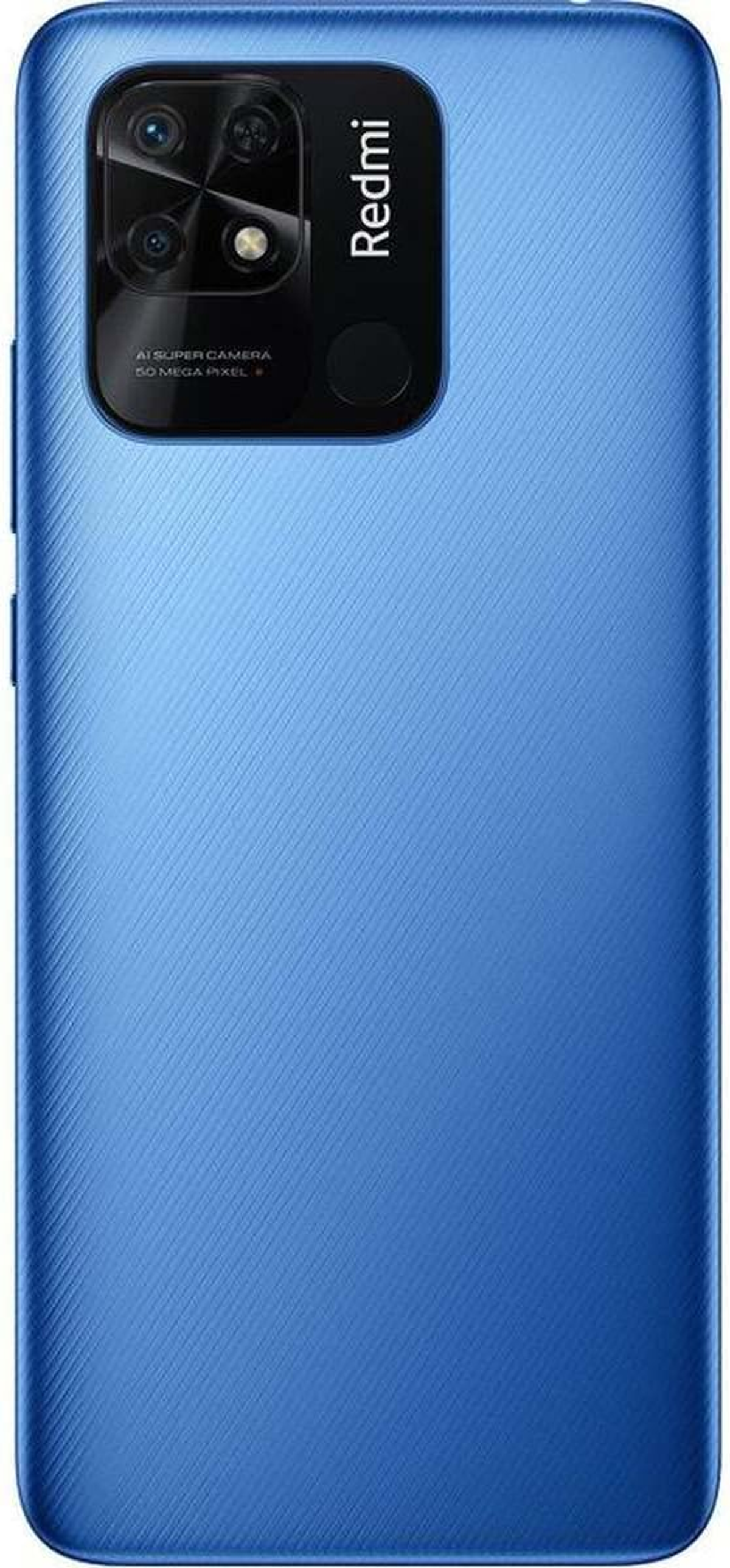 Blaues Redmi-Telefon auf weißer Oberfläche. Zeigt die Kamera und das Redmi-Logo.