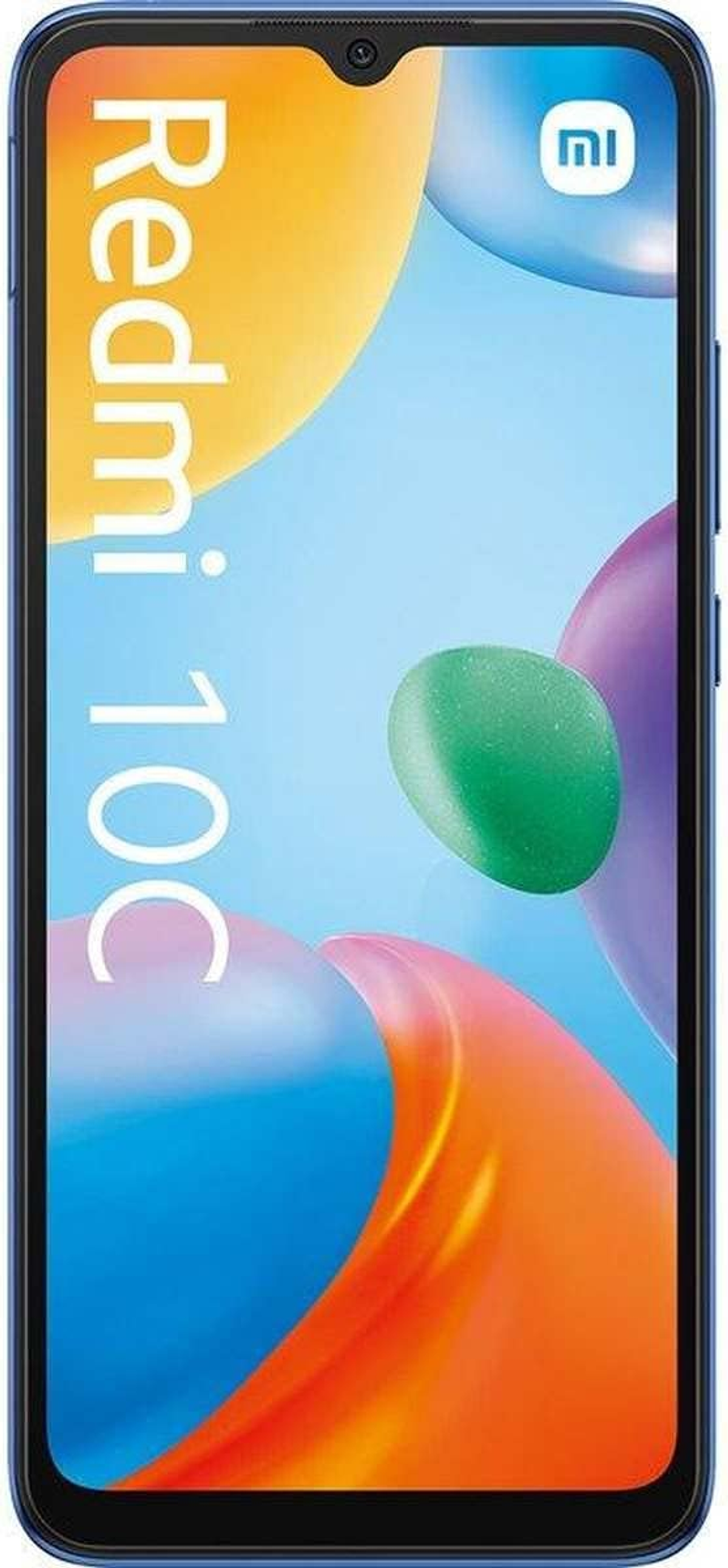 Ein blaues Telefon mit bunten abstrakten Formen auf dem Bildschirm. Der Text 'Redmi 10C' ist sichtbar.