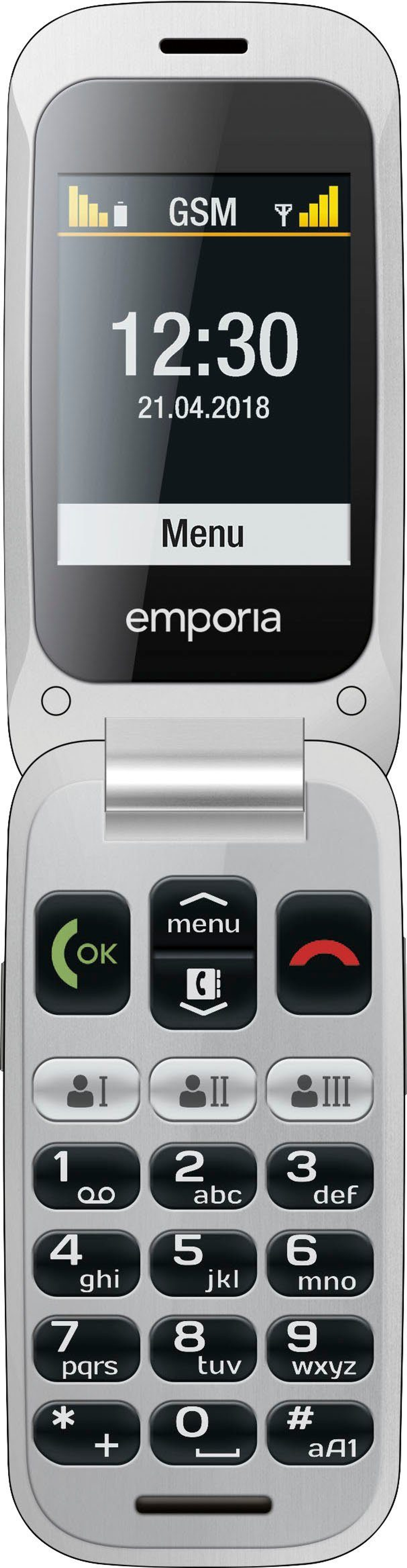 Emporia Klapphandy, offen. Bildschirm zeigt Zeit und Datum. Silber- und Schwarzdesign.