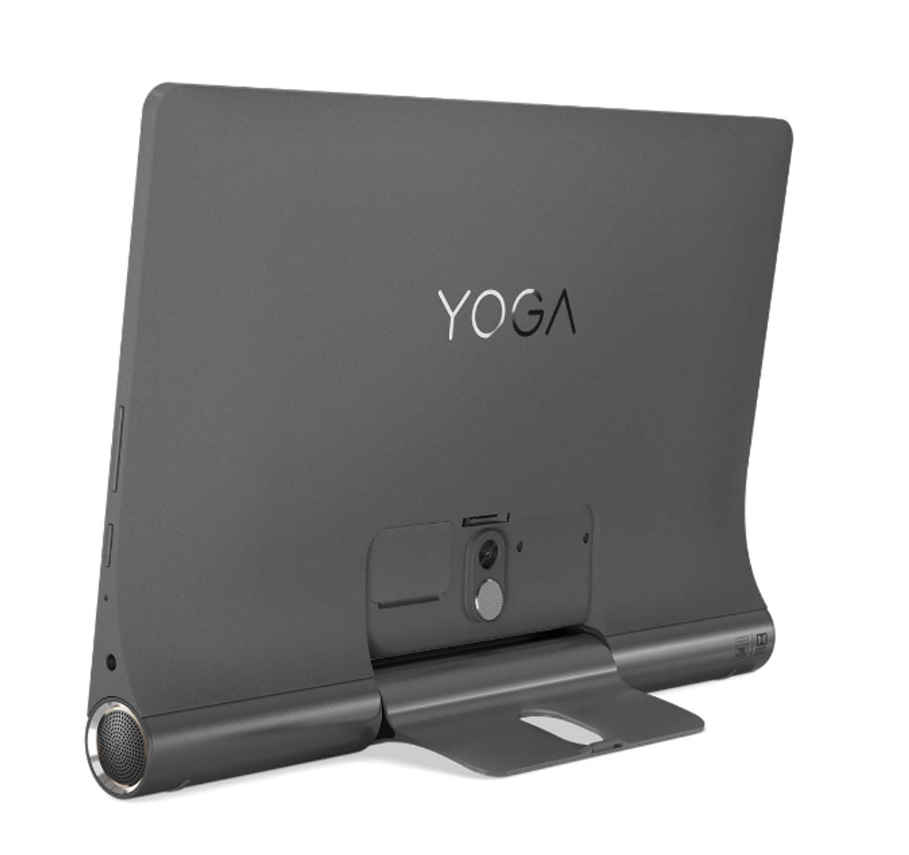 Ein graues Tablet mit Ständer. Das Wort YOGA steht auf der Rückseite. Das Tablet steht vor weißem Hintergrund.