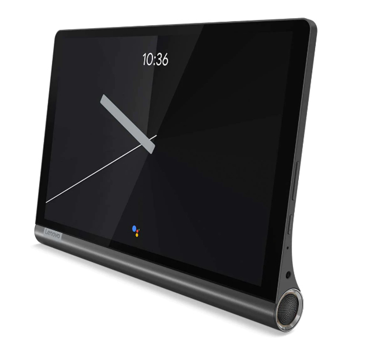 Schwarzes Lenovo-Tablet, zeigt die Uhrzeit 10:36. Hat einen Lautsprecher und ein Lenovo-Logo.