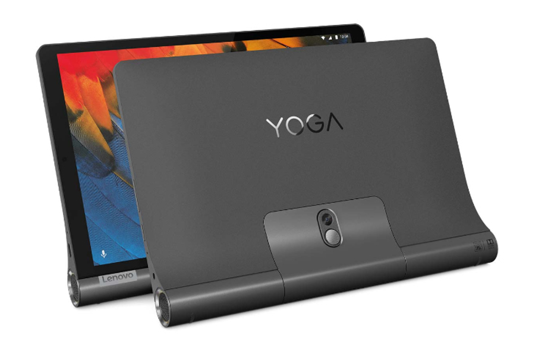 Ein dunkelgraues Tablet mit Lenovo-Logo. Ein weiteres Tablet befindet sich dahinter. Der Hintergrund ist weiß.