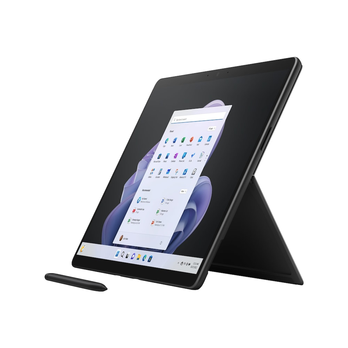 Ein schwarzes Tablet mit Tastatur und Stift, abgewinkelt auf weißem Hintergrund.
