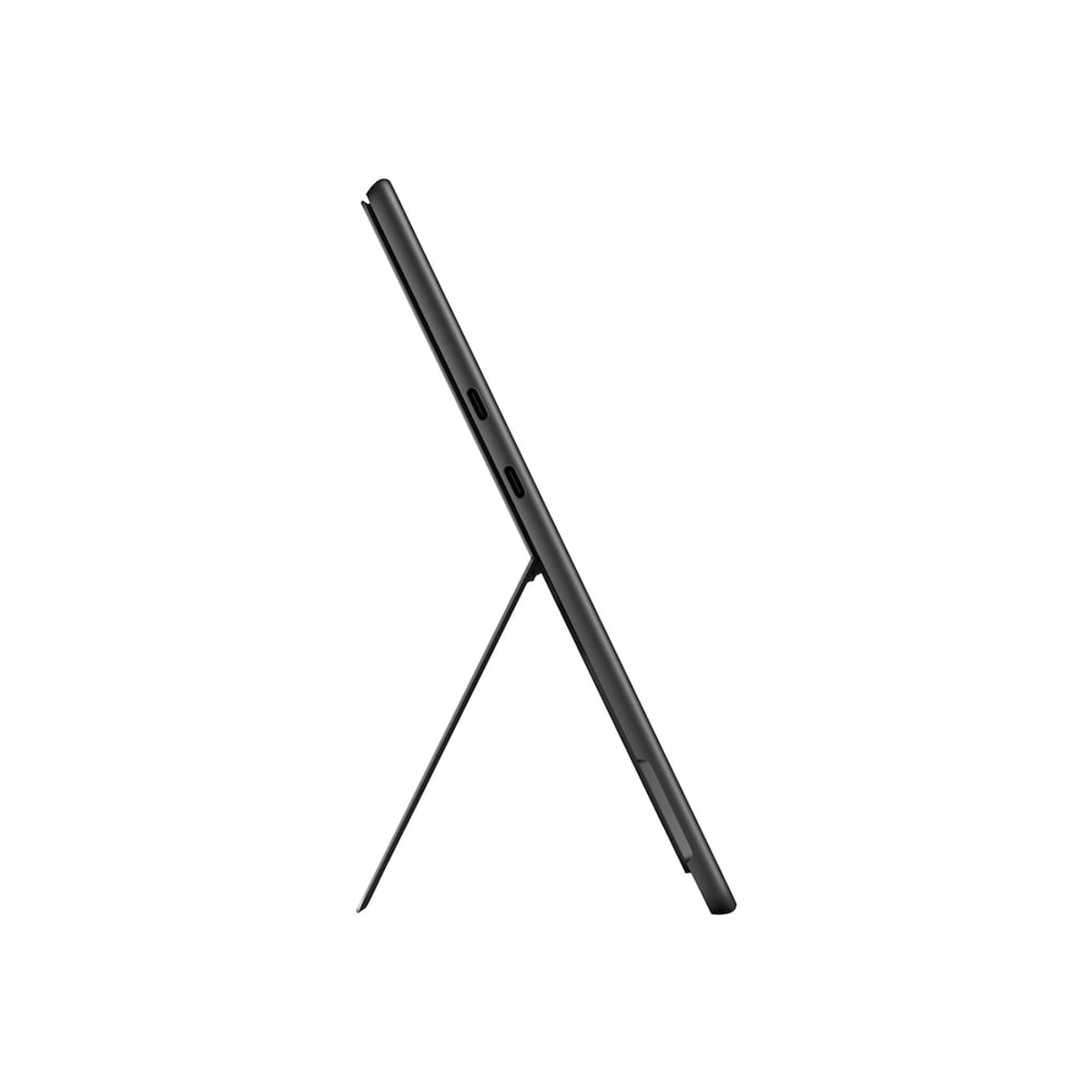 Ein schwarzes Tablet mit hochgestelltem Ständer, das einen Bildschirm anzeigt.