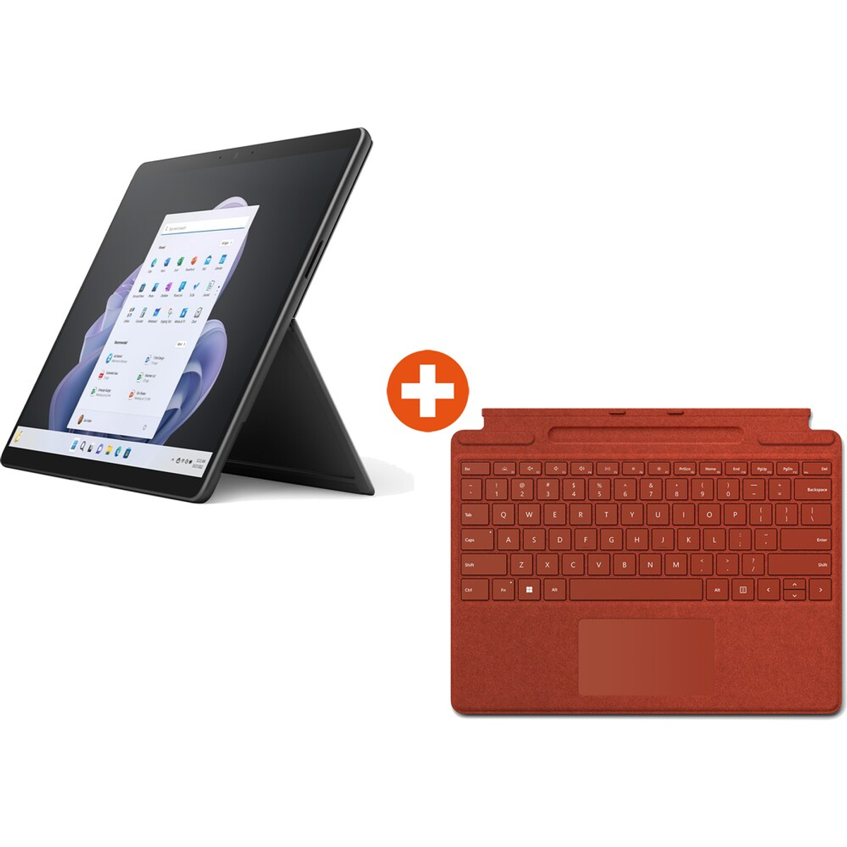 Tablet mit Tastatur und Ständer. Schwarzes Tablet mit Benutzeroberfläche. Rote Tastatur.