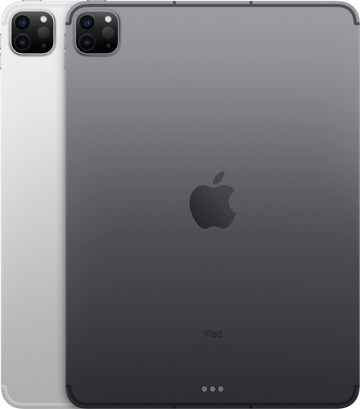 Zwei iPads, eines grau und eines weiß, Rückansicht. Apple-Logo auf dem grauen iPad sichtbar.