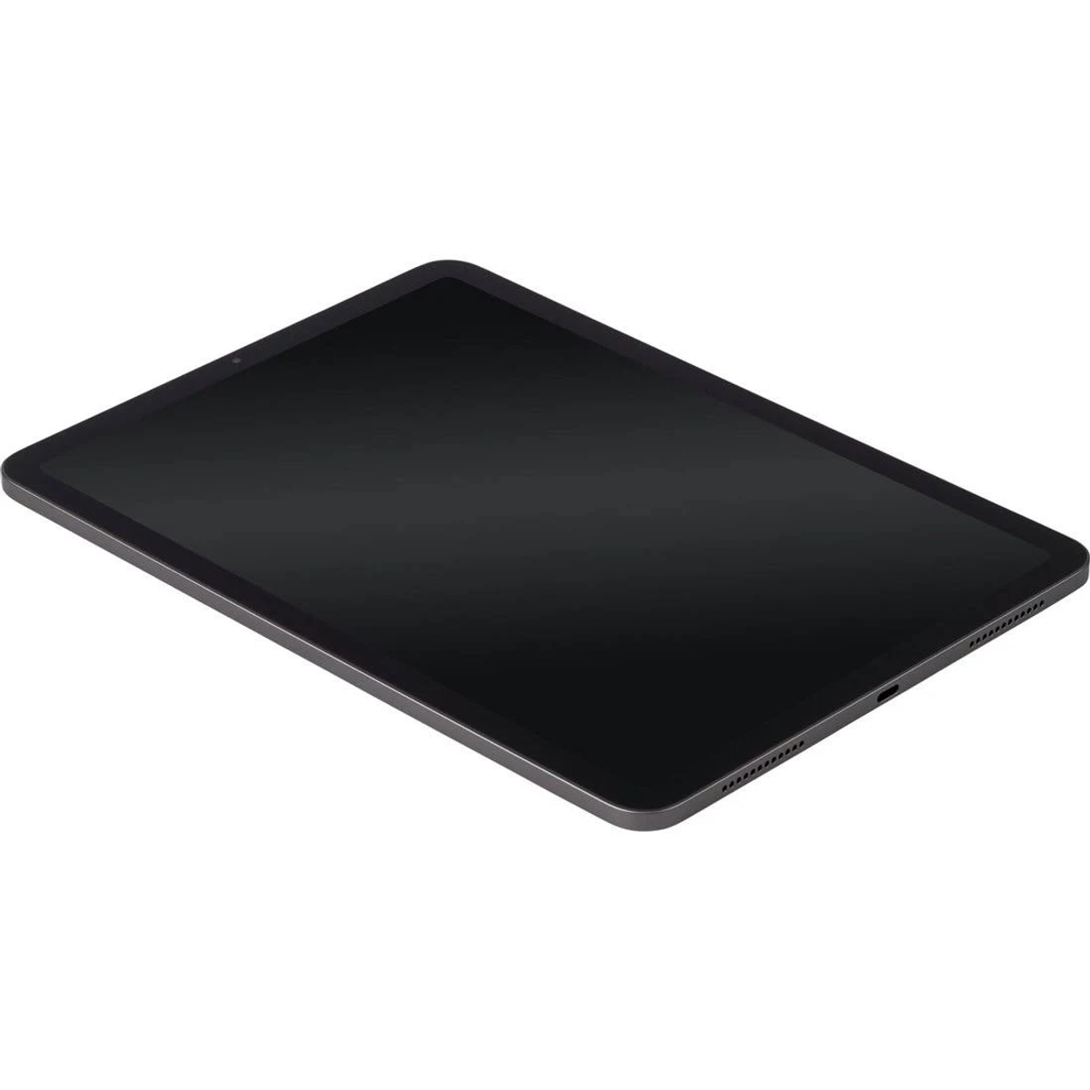 Czarny tablet jest pokazany pod kątem na białej powierzchni. Ekran jest ciemny, a ramka widoczna.