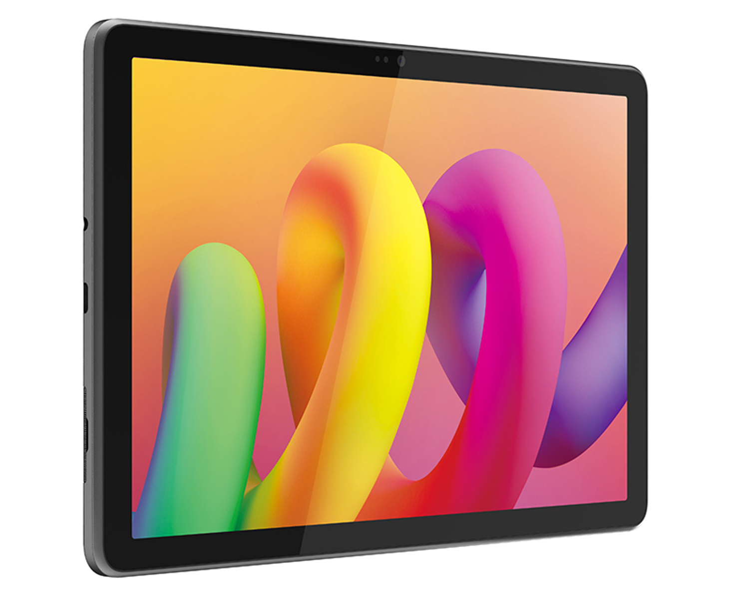 Tablet con sfondo astratto colorato. Mostra forme verdi, gialle e rosa.