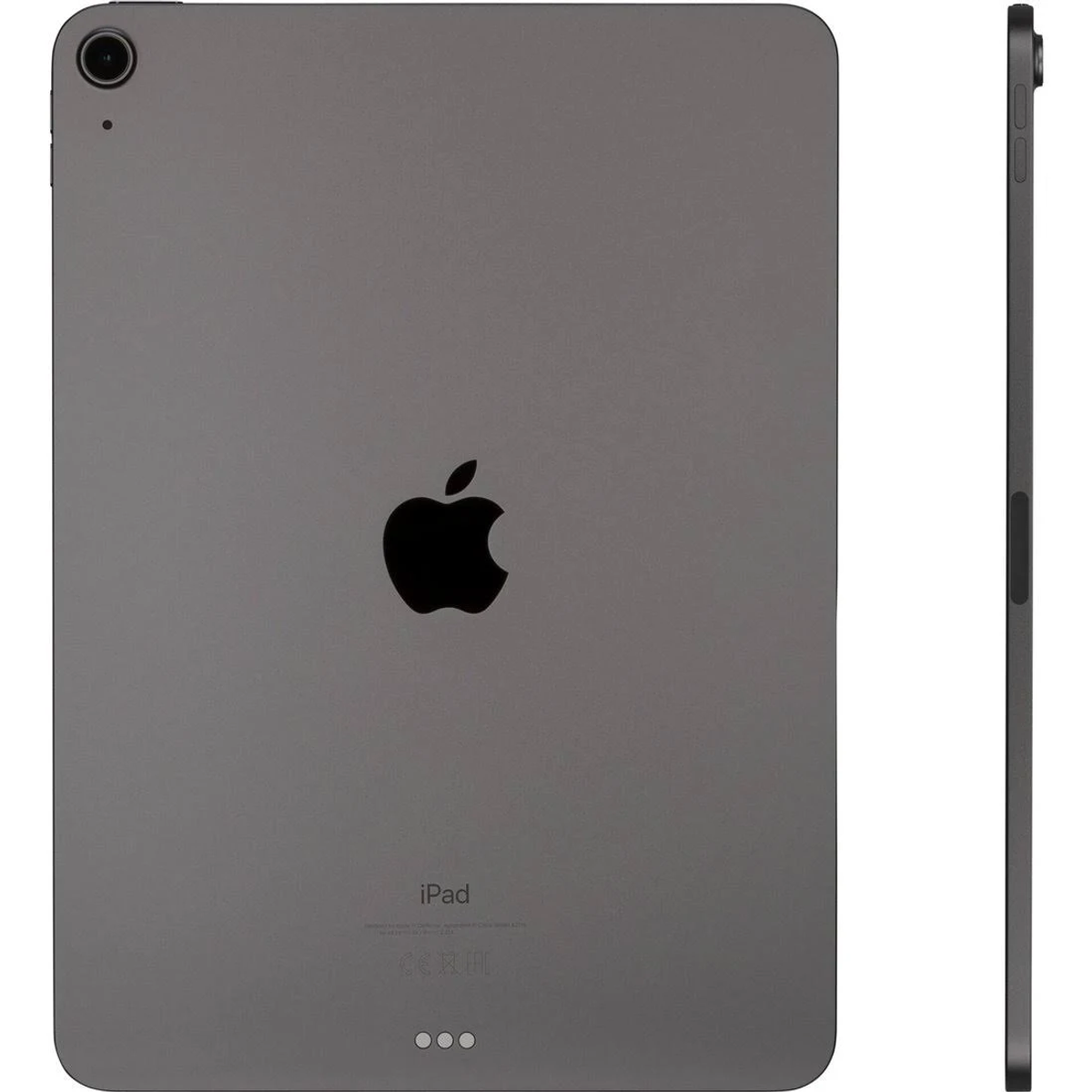 Ciemnoszary tył iPada z logo Apple, aparatem i trzema kropkami na dole. Widok z boku.