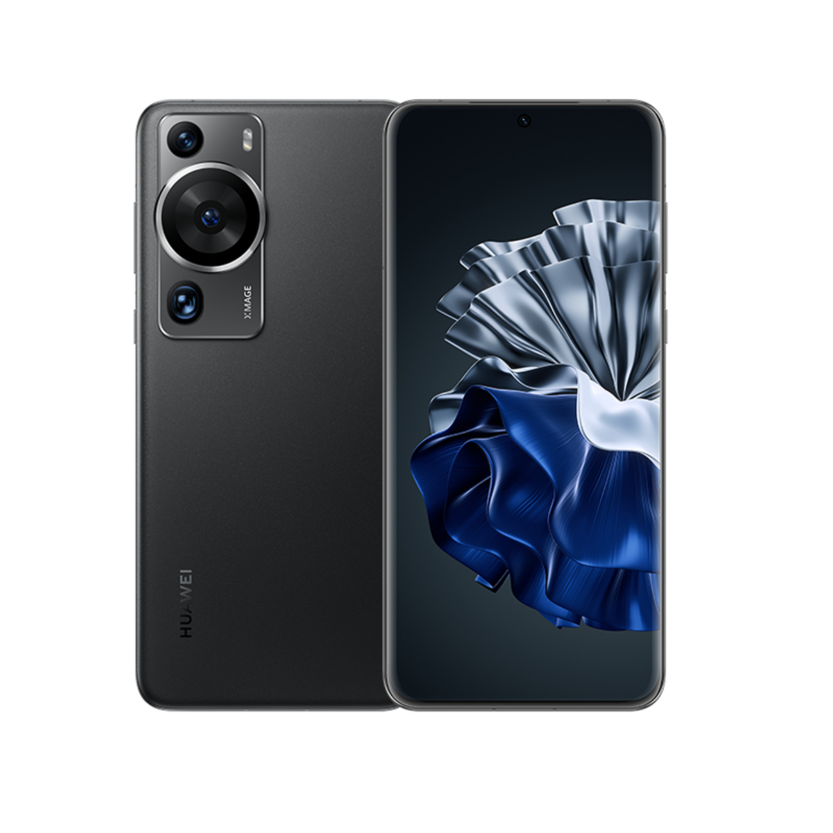 Schwarzes Smartphone, Vorder- und Rückansicht. Verfügt über ein großes Kameramodul und Display mit Wellen.
