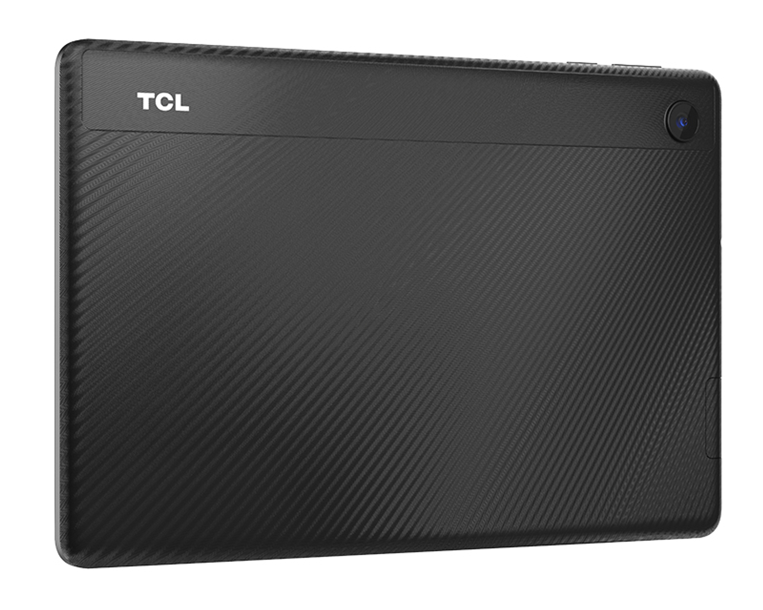 Tablet nero con retro strutturato. Il marchio TCL è stampato sulla parte superiore.