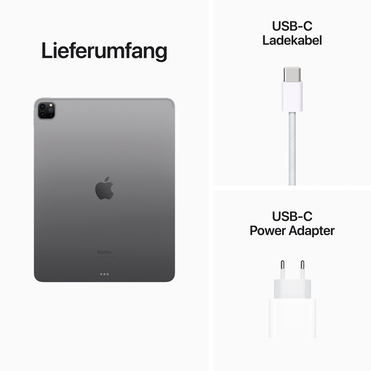 iPad Pro met oplader en kabel op witte achtergrond, met productdetails.